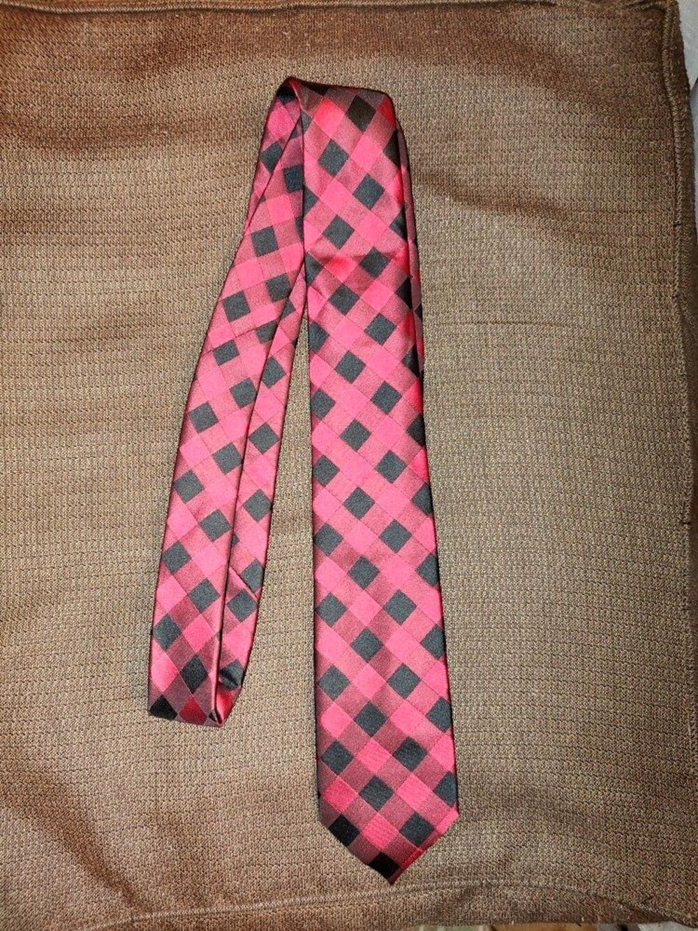 Men's Pierre Cardin Red Black Plaid Polyester Neck Slim Tie Hand Made
